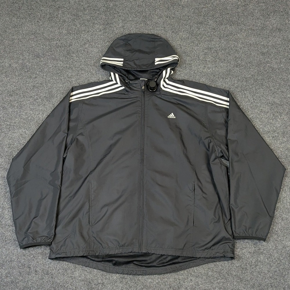 Vintage Adidas Mens 2XL Black 3-Stripe Hooded Windbreaker Jacket Full Zip Mesh
